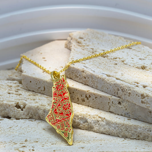 Palestine Map Tatreez Necklace – Flower Cross Stitch Design | 14K Gold Plated