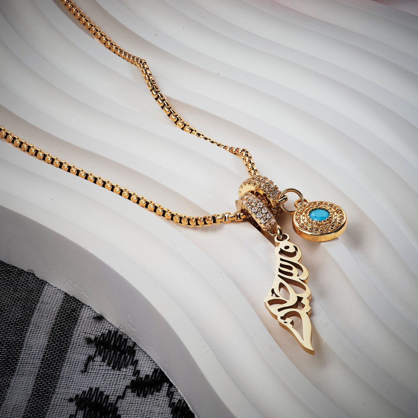 Palestine Map in Arabic calligraphy with Evil Eye Charm Necklace
