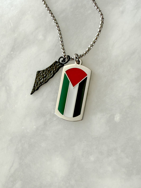 Palestine Flag Dog Tag Necklace with Map Charm| Stainless Steel Pendant with Charm