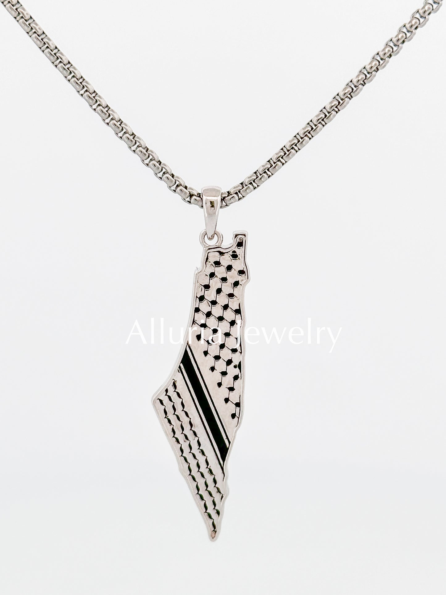 A Koffiyeh Print Palestine Map Necklace