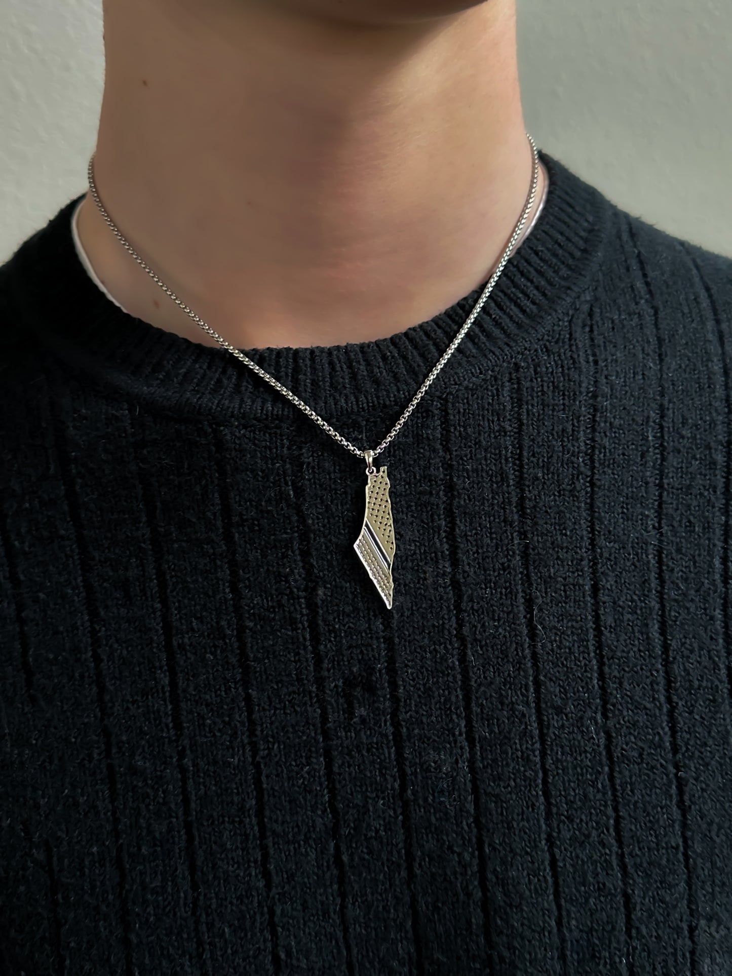 A Koffiyeh Print Palestine Map Necklace