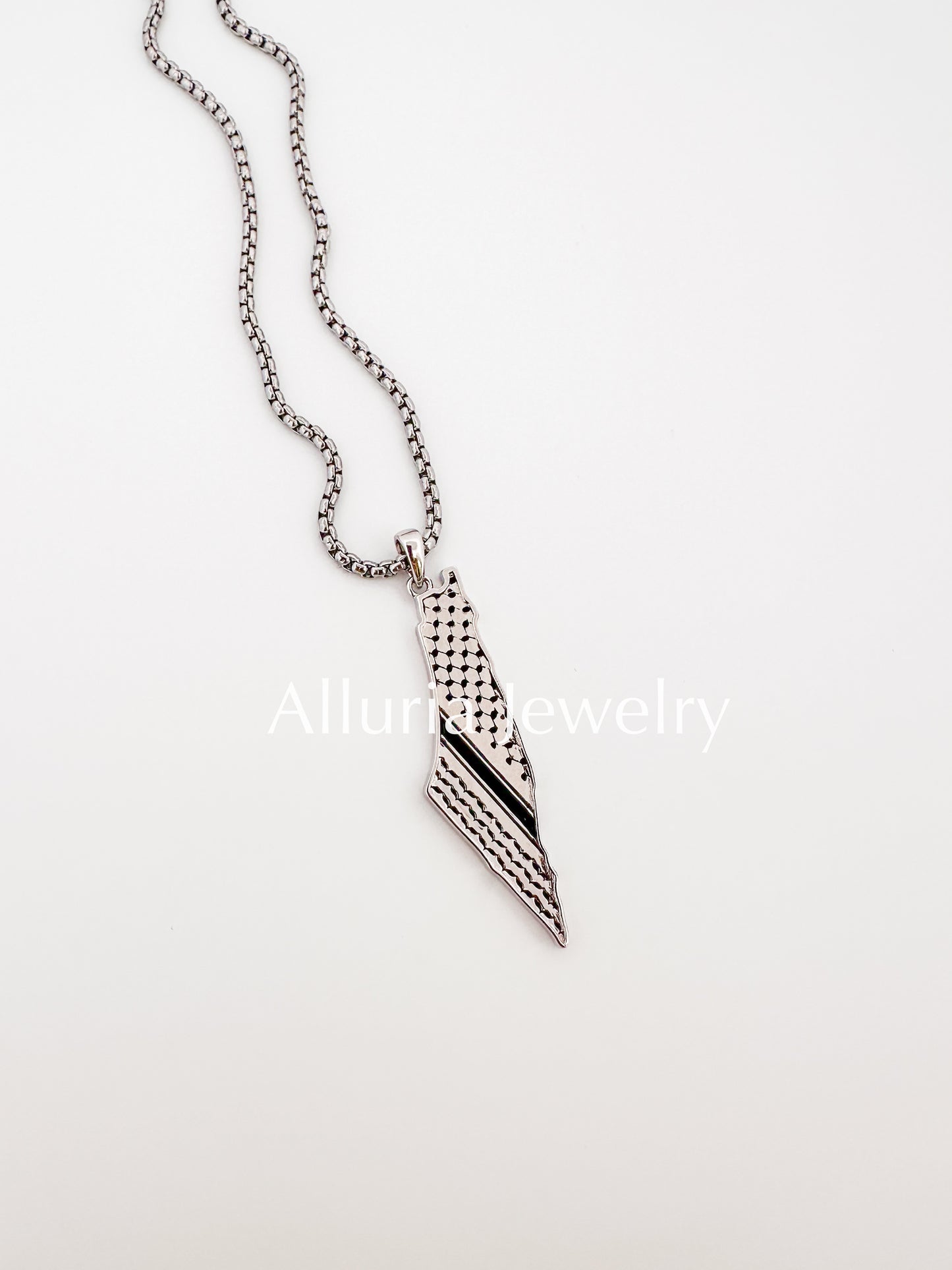 A Koffiyeh Print Palestine Map Necklace