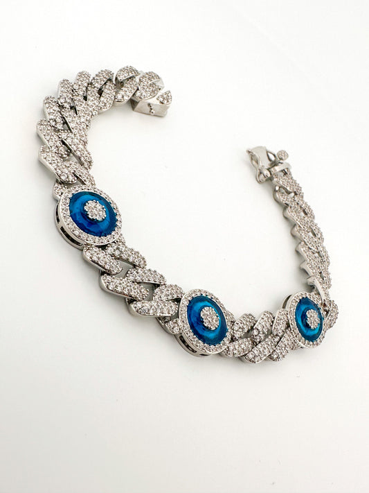 Silver Cuban Link Bracelet: Pave CZ Evil Eye Charm