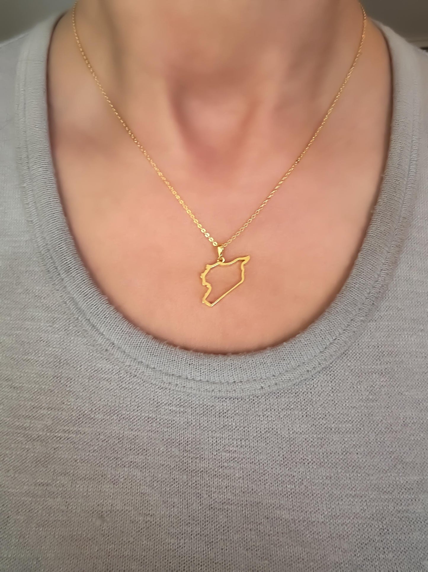 Gold Syria Map - Dainty Map with Shell Stone- Gold Plated Sterling Silver 925 Necklace