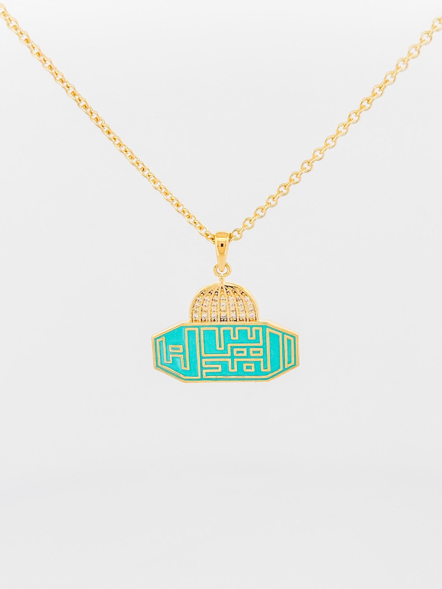 Al Aqsa Mosque Palestine Necklace – 14k Gold Plated with Turquoise Enamel & CZ Pavé Accents - القدس لنا