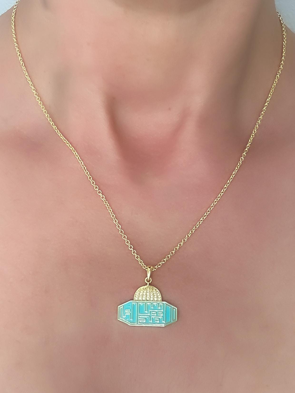 Al Aqsa Mosque Palestine Necklace – 14k Gold Plated with Turquoise Enamel & CZ Pavé Accents - القدس لنا