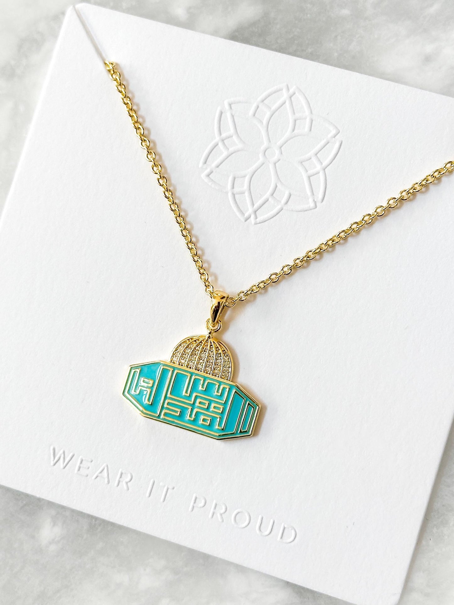 Al Aqsa Mosque Palestine Necklace – 14k Gold Plated with Turquoise Enamel & CZ Pavé Accents - القدس لنا