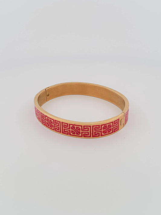 Tatreez Bangle Bracelet | Palestinian Embroidery Cuff | Red Enamel 18K Gold Plated | Road to Cairo Cross Stitch Pattern |