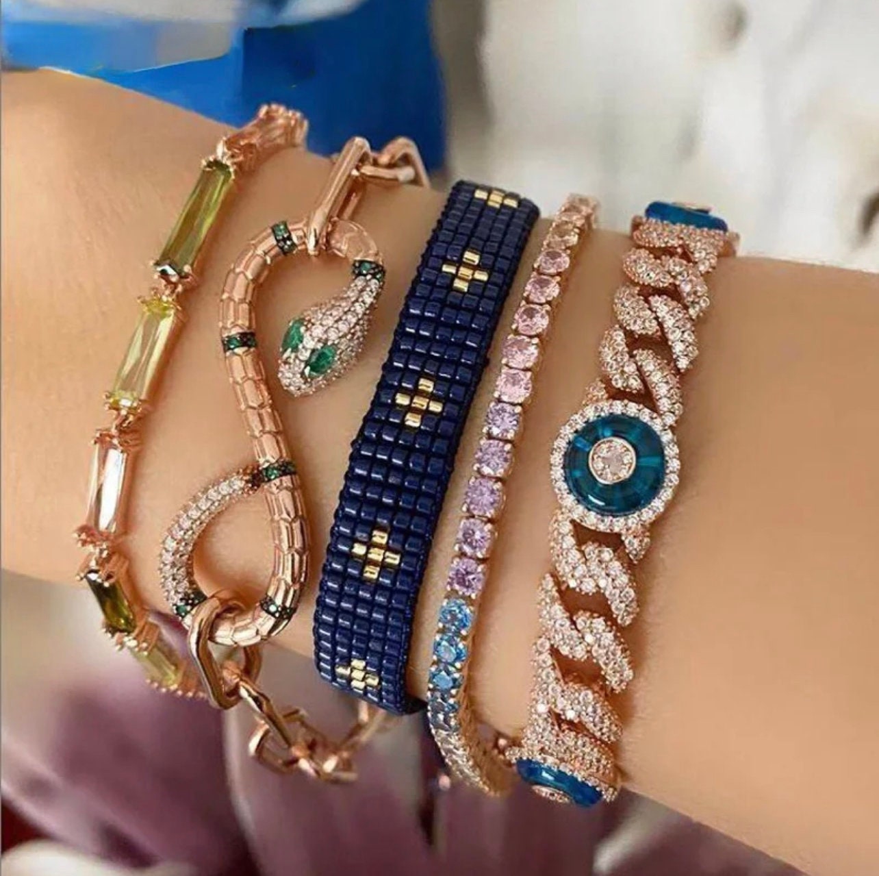 Rose Gold Cuban Link Evil Eye Bracelet