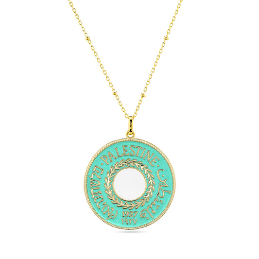 1927 Palestine coin replica necklace with turquoise enamel and olive wreath