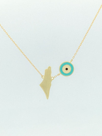 Palestine Map & Evil Eye Necklace | 18K Gold Plated | Turquoise Evil Eye Charm