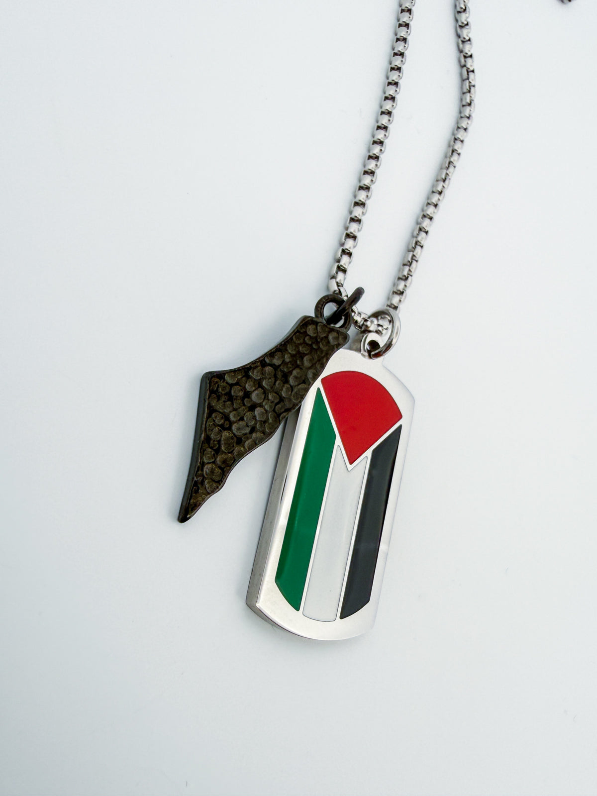 Palestine Flag Dog Tag Necklace with Map Charm| Stainless Steel Pendant with Charm