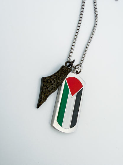 Palestine Flag Dog Tag Necklace with Map Charm| Stainless Steel Pendant with Charm