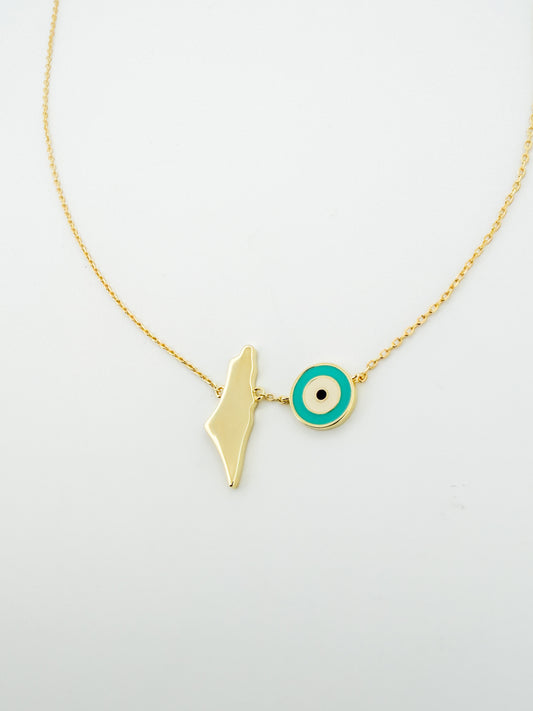 Palestine Map & Evil Eye Necklace | 18K Gold Plated | Turquoise Evil Eye Charm