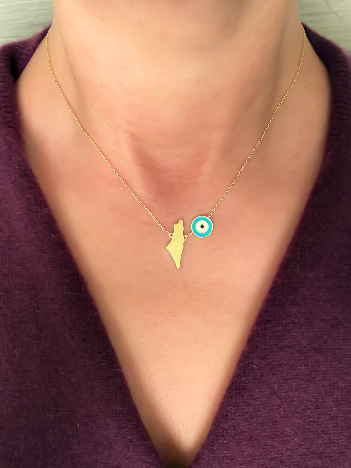 Palestine Map & Evil Eye Necklace | 18K Gold Plated | Turquoise Evil Eye Charm