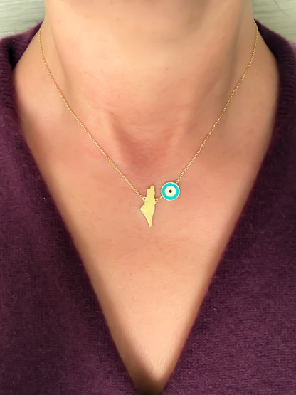 Palestine Map & Evil Eye Necklace | 18K Gold Plated | Turquoise Evil Eye Charm