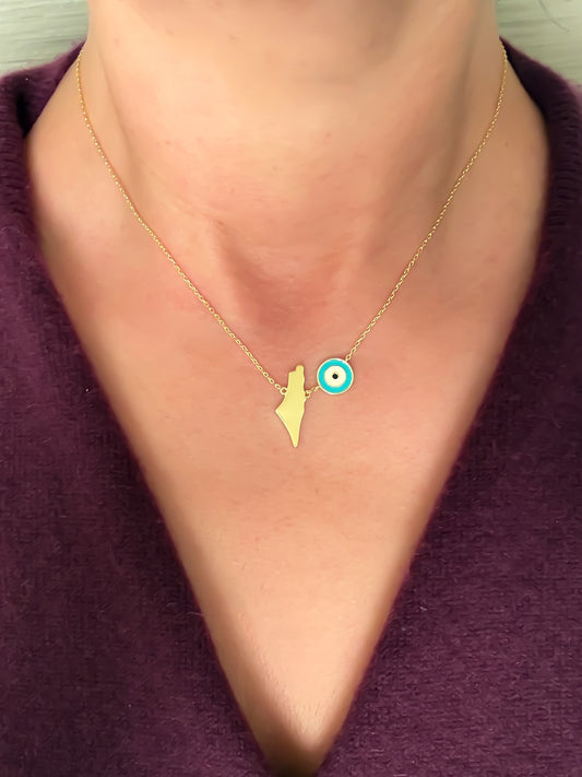 Palestine Map & Evil Eye Necklace | 18K Gold Plated | Turquoise Evil Eye Charm