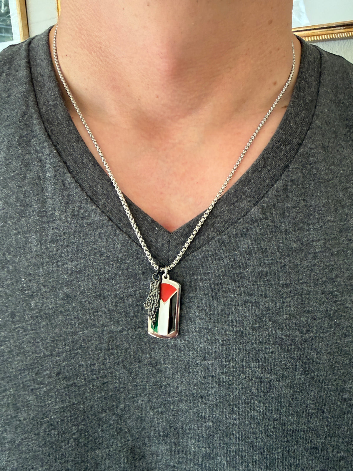 Palestine Flag Dog Tag Necklace with Map Charm| Stainless Steel Pendant with Charm