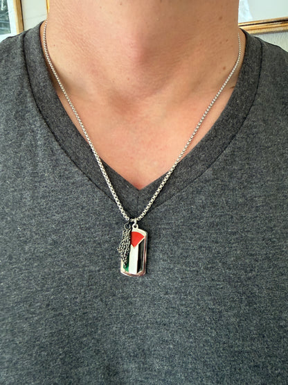 Palestine Flag Dog Tag Necklace with Map Charm| Stainless Steel Pendant with Charm