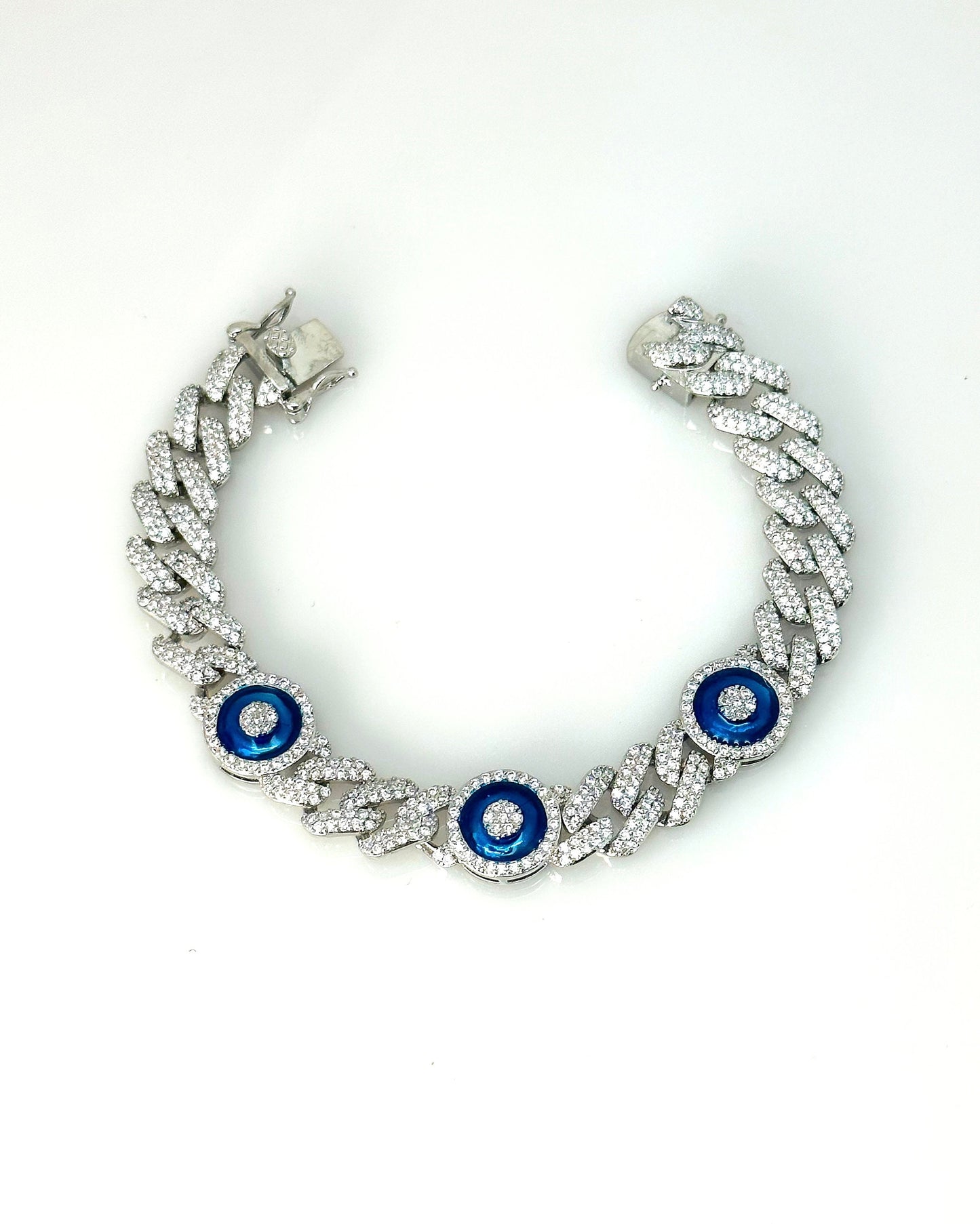 Silver Cuban Link Bracelet: Pave CZ Evil Eye Charm