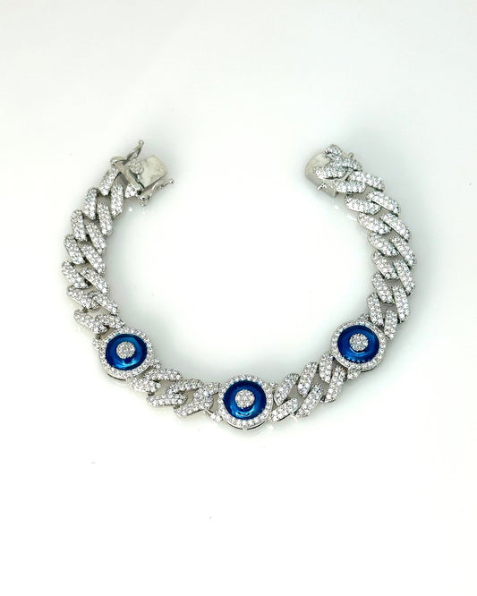 Silver Cuban Link Bracelet: Pave CZ Evil Eye Charm