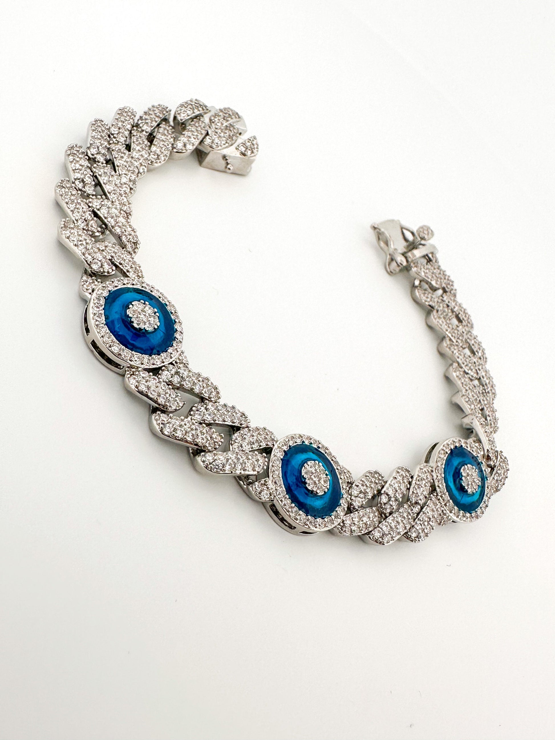 Silver Cuban Link Bracelet: Pave CZ Evil Eye Charm