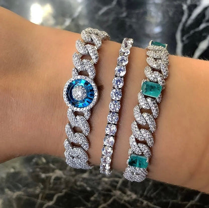 Silver Cuban Link Bracelet: Pave CZ Evil Eye Charm