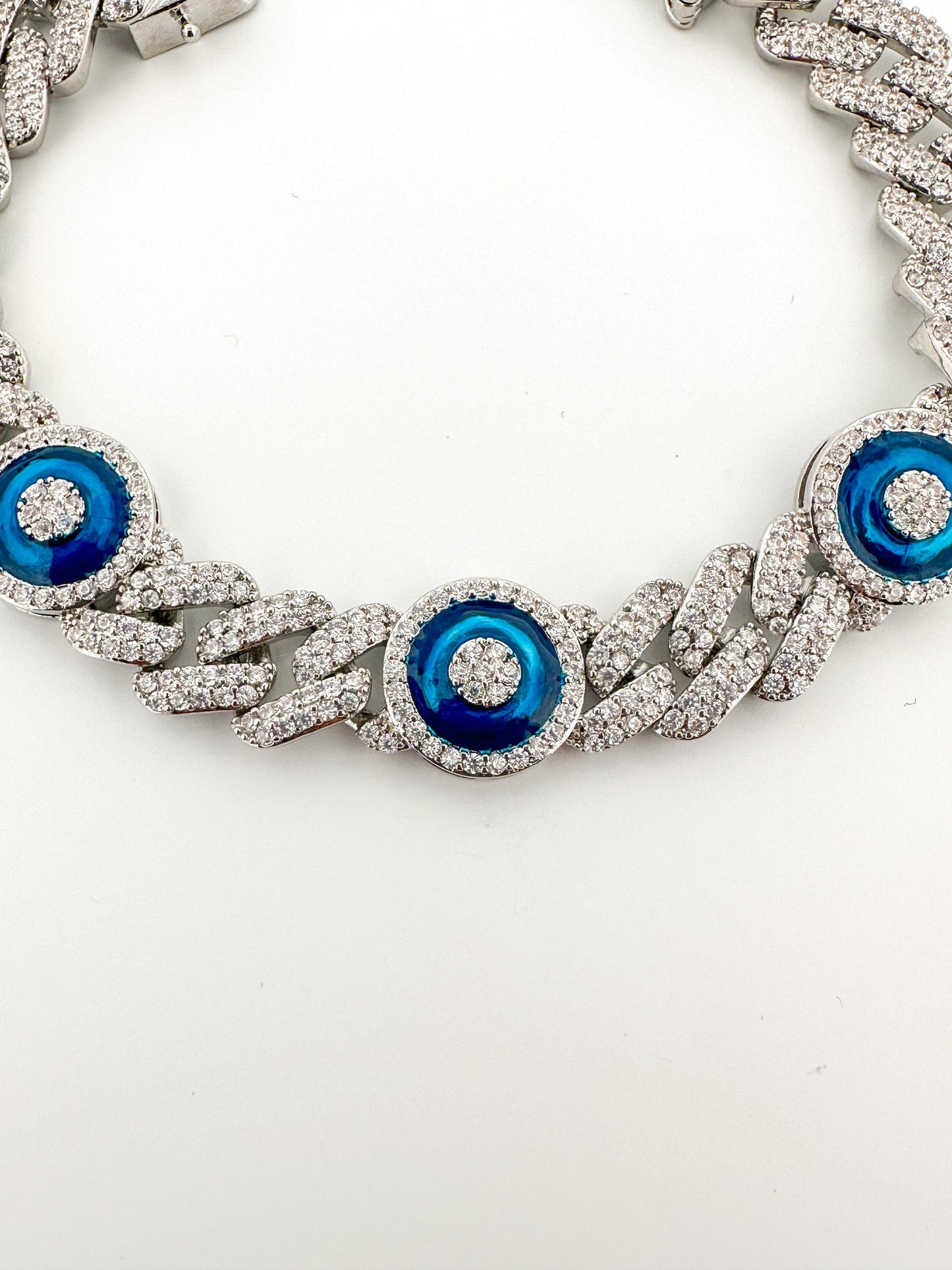 Silver Cuban Link Bracelet: Pave CZ Evil Eye Charm