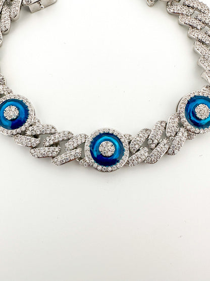 Silver Cuban Link Bracelet: Pave CZ Evil Eye Charm