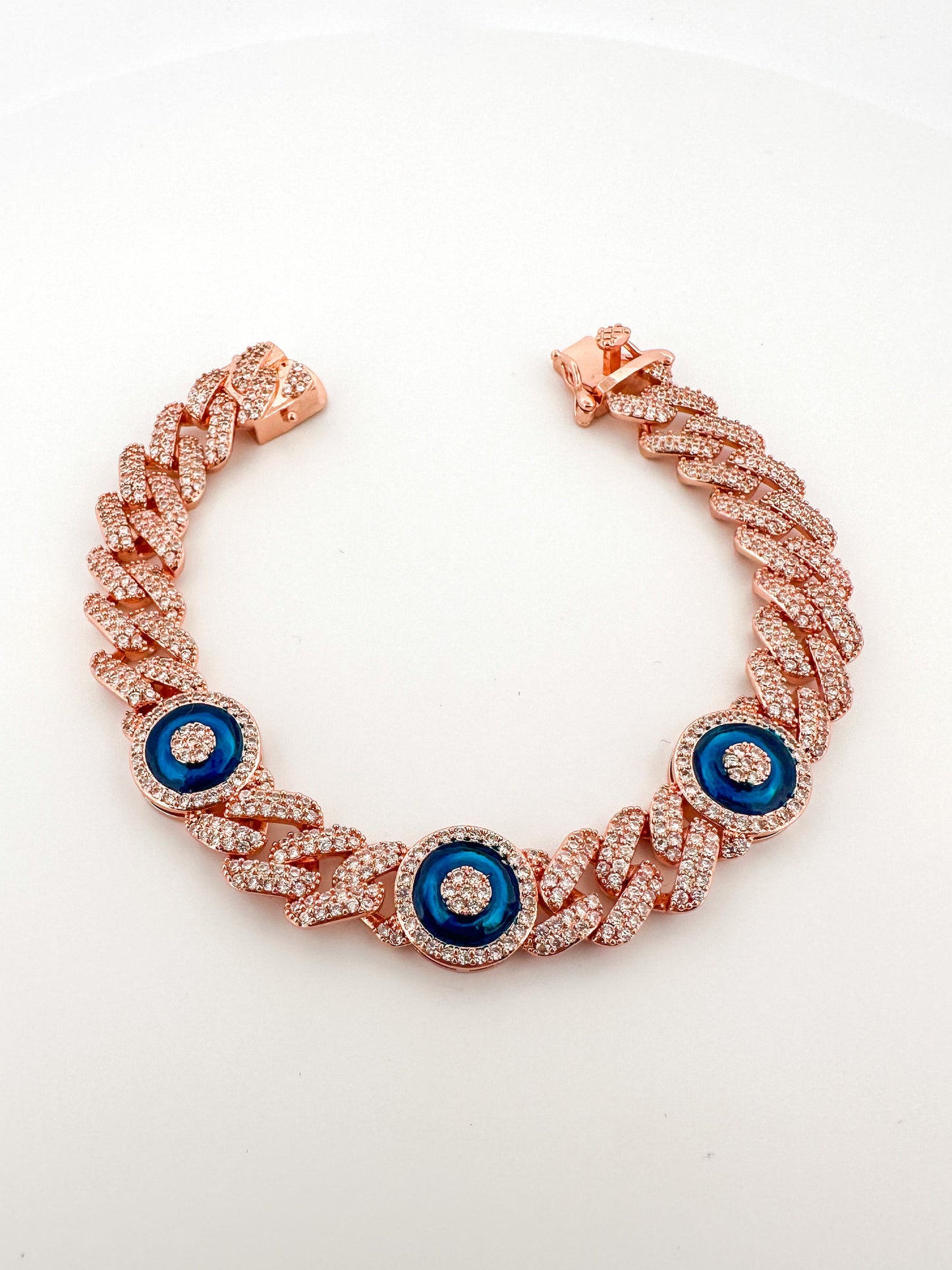 Silver Cuban Link Bracelet: Pave CZ Evil Eye Charm