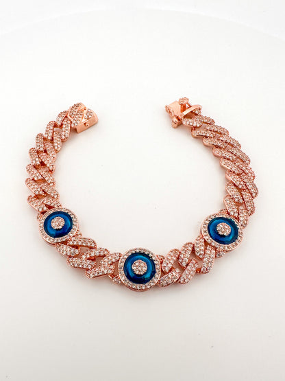 Silver Cuban Link Bracelet: Pave CZ Evil Eye Charm