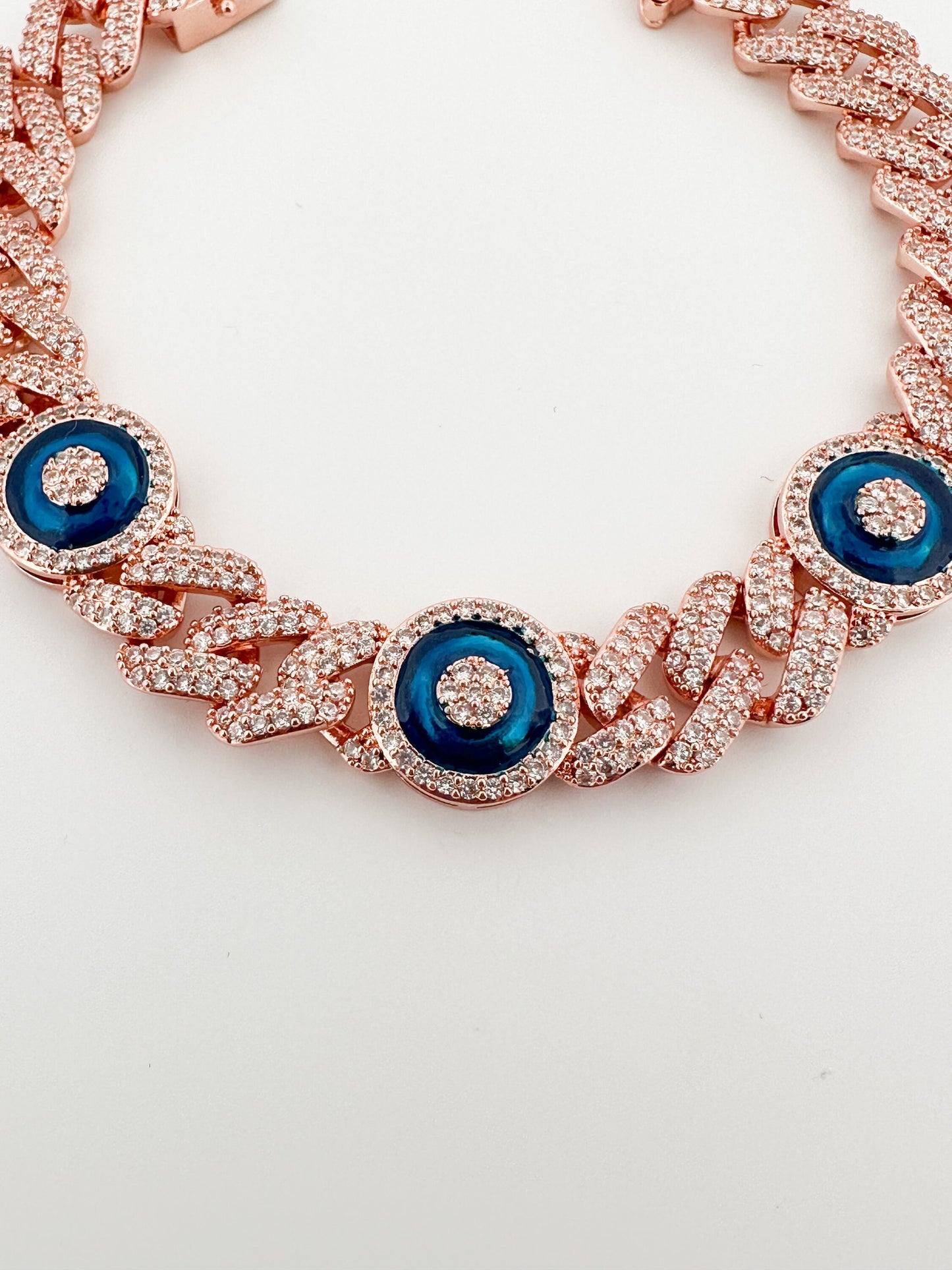 Silver Cuban Link Bracelet: Pave CZ Evil Eye Charm