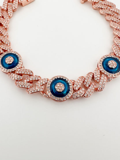 Silver Cuban Link Bracelet: Pave CZ Evil Eye Charm