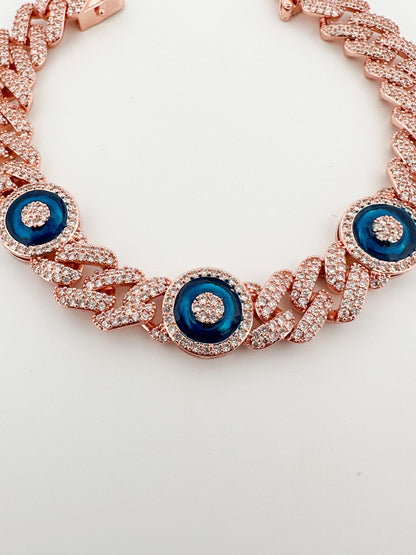 Silver Cuban Link Bracelet: Pave CZ Evil Eye Charm