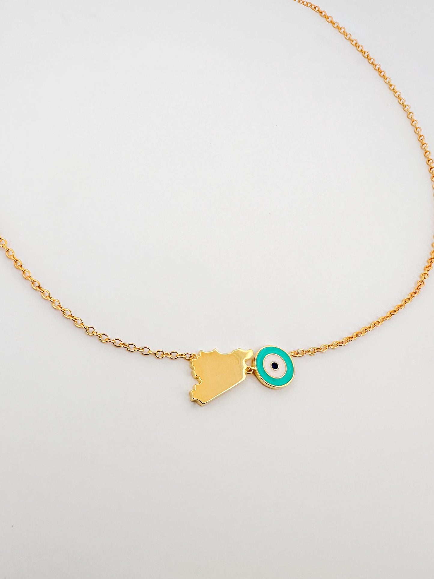 Gold Syria Map - Dainty Map with Evil Eye Charm - Gold Plated and Turquoise Enamel Necklace