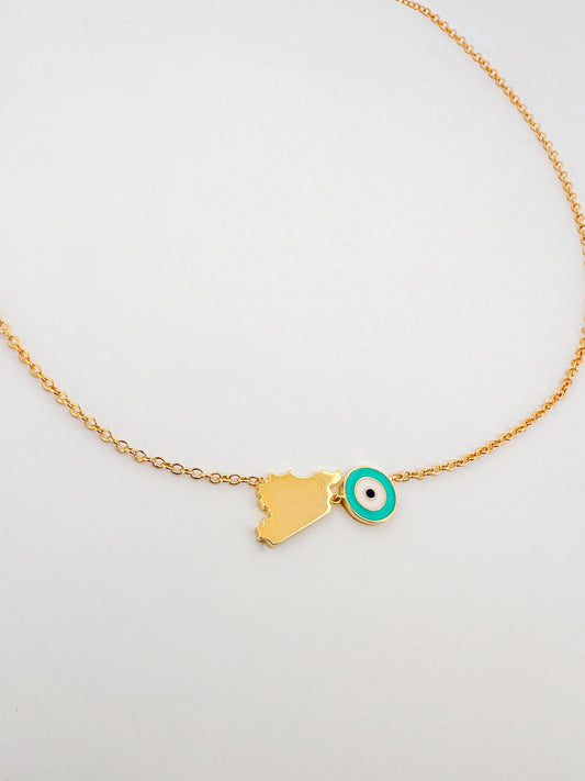 Gold Syria Map - Dainty Map with Evil Eye Charm - Gold Plated and Turquoise Enamel Necklace