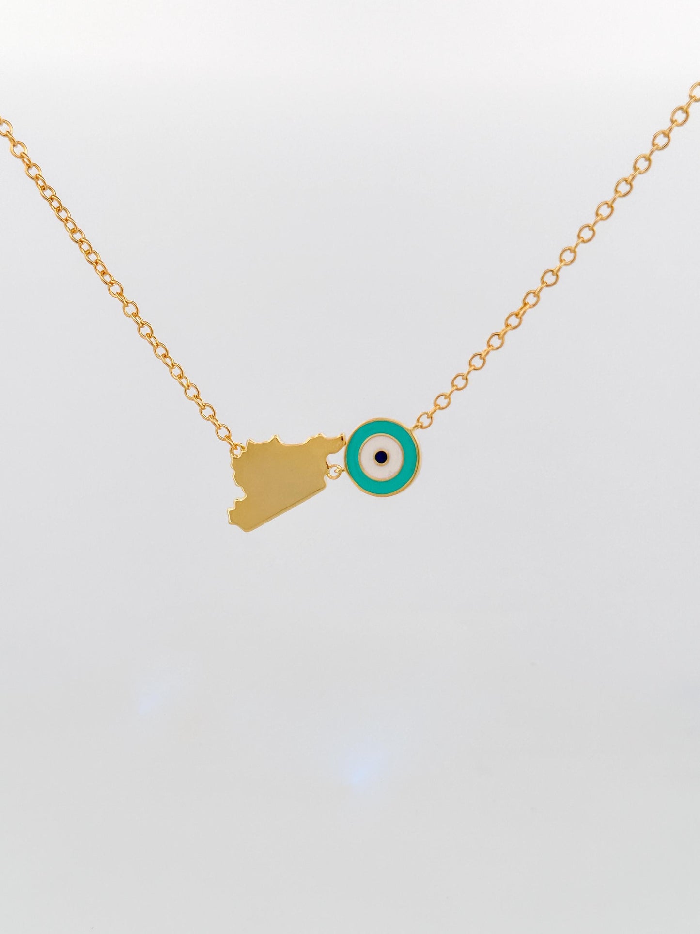 Gold Syria Map - Dainty Map with Evil Eye Charm - Gold Plated and Turquoise Enamel Necklace