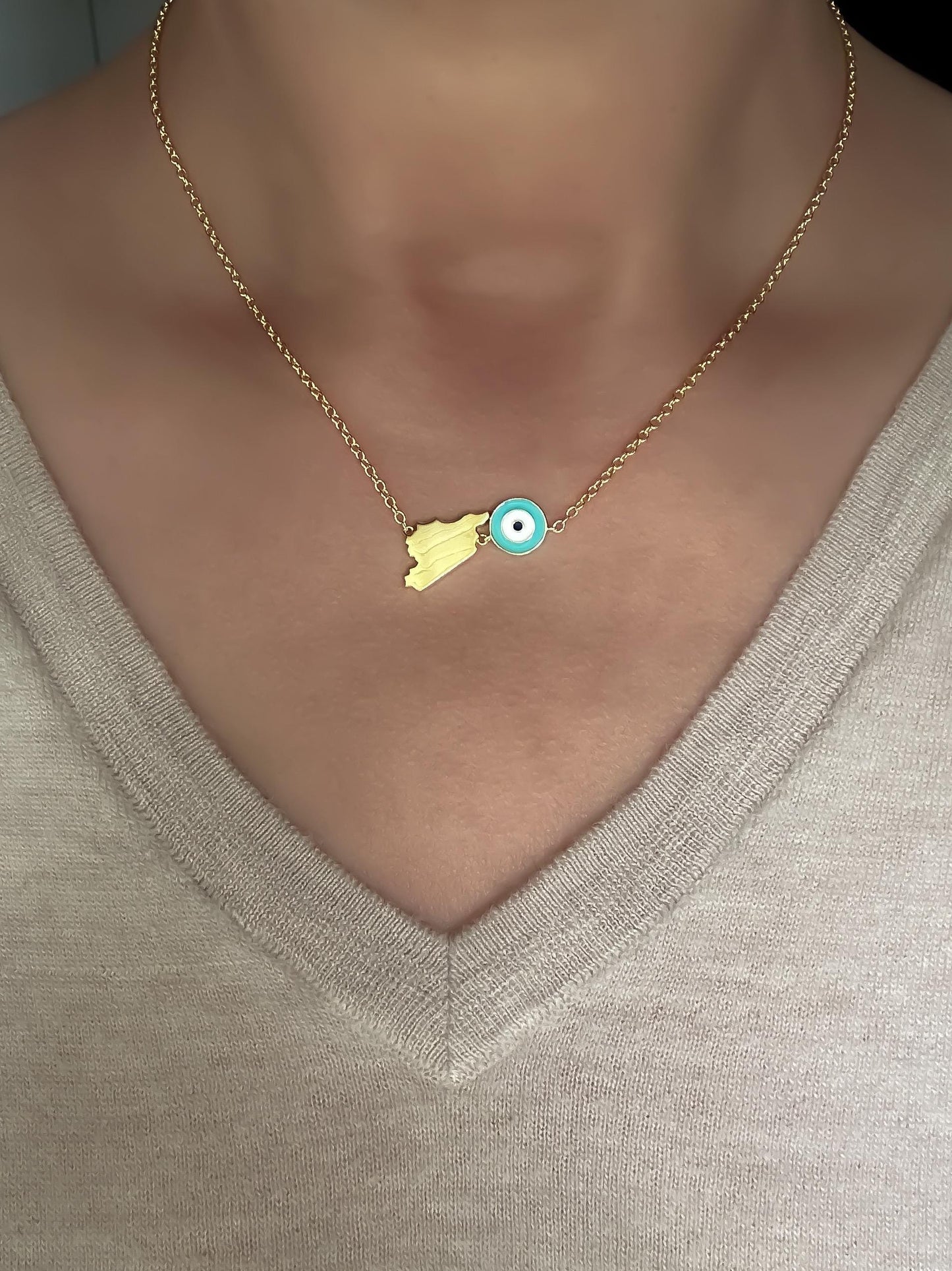 Gold Syria Map - Dainty Map with Evil Eye Charm - Gold Plated and Turquoise Enamel Necklace