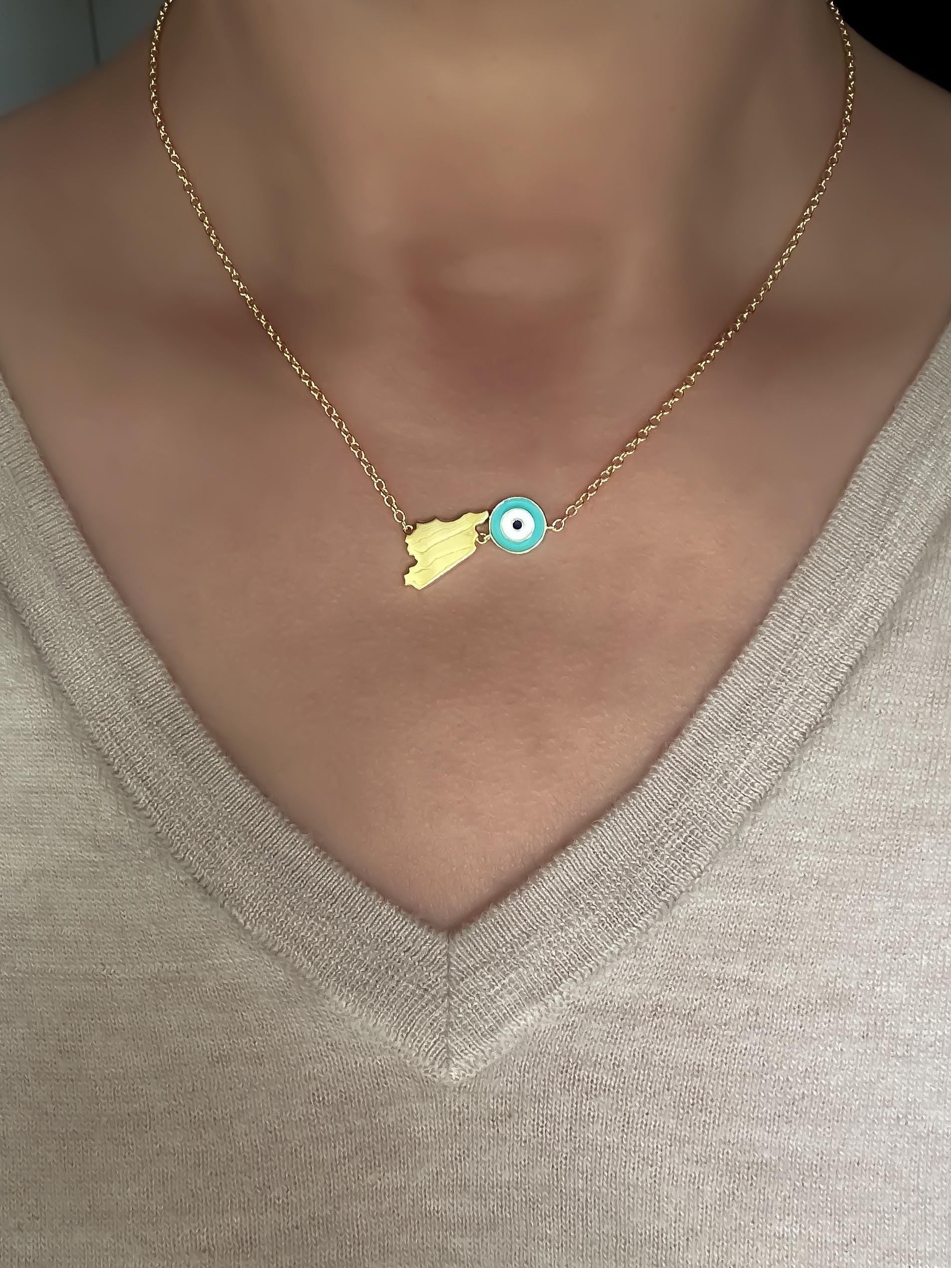 Gold Syria Map - Dainty Map with Evil Eye Charm - Gold Plated and Turquoise Enamel Necklace