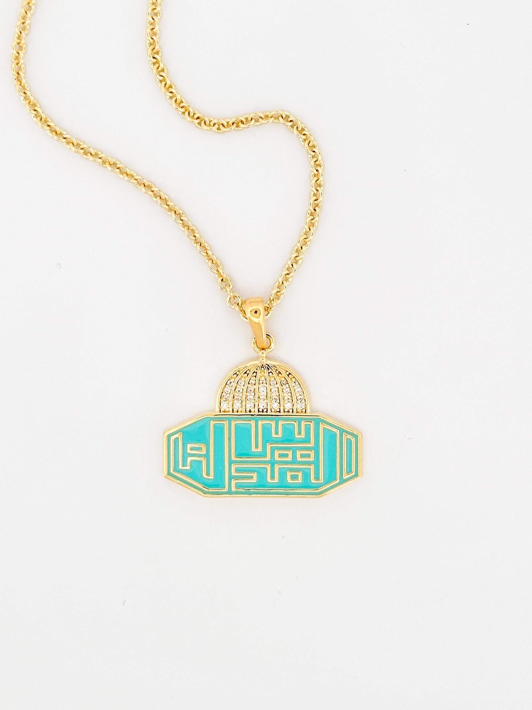 Al Aqsa Mosque Palestine Necklace – 14k Gold Plated with Turquoise Enamel & CZ Pavé Accents - القدس لنا