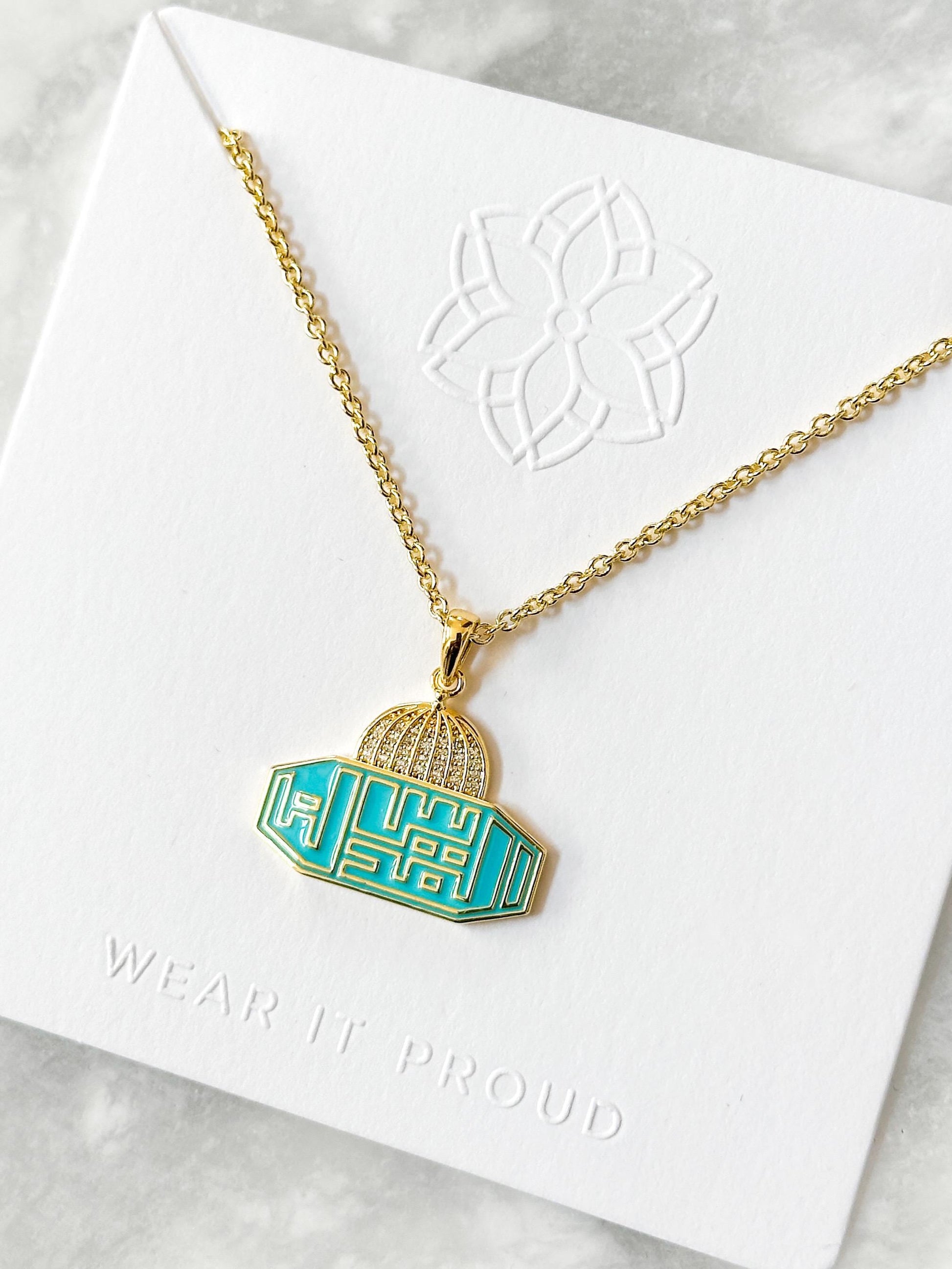 Al Aqsa Mosque Palestine Necklace – 14k Gold Plated with Turquoise Enamel & CZ Pavé Accents - القدس لنا