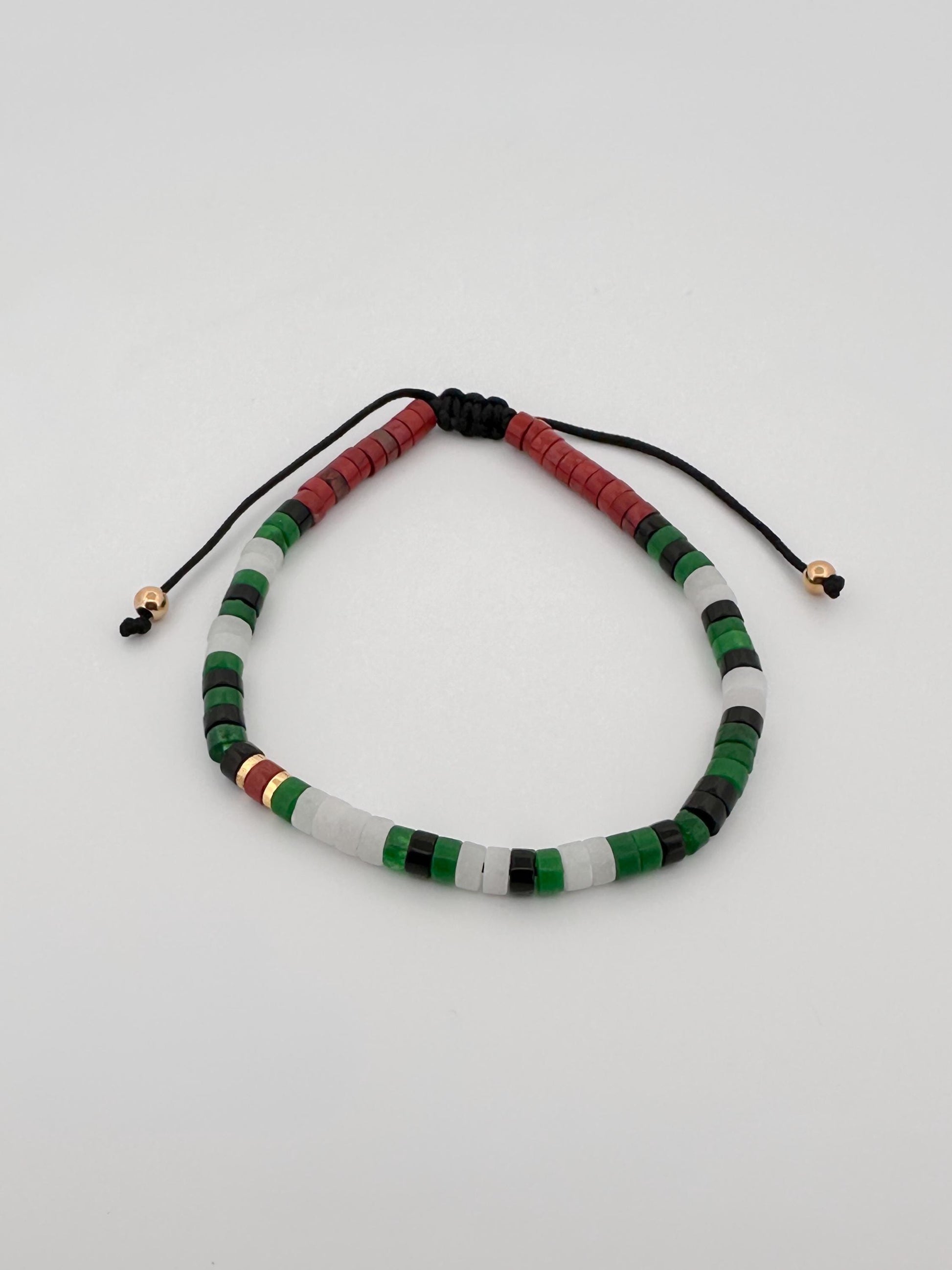 The Morse Jade Bracelet - “Free Palestine” in Palestinian Flag Colors. 100% Proceeds go to Heal Palestine Org.