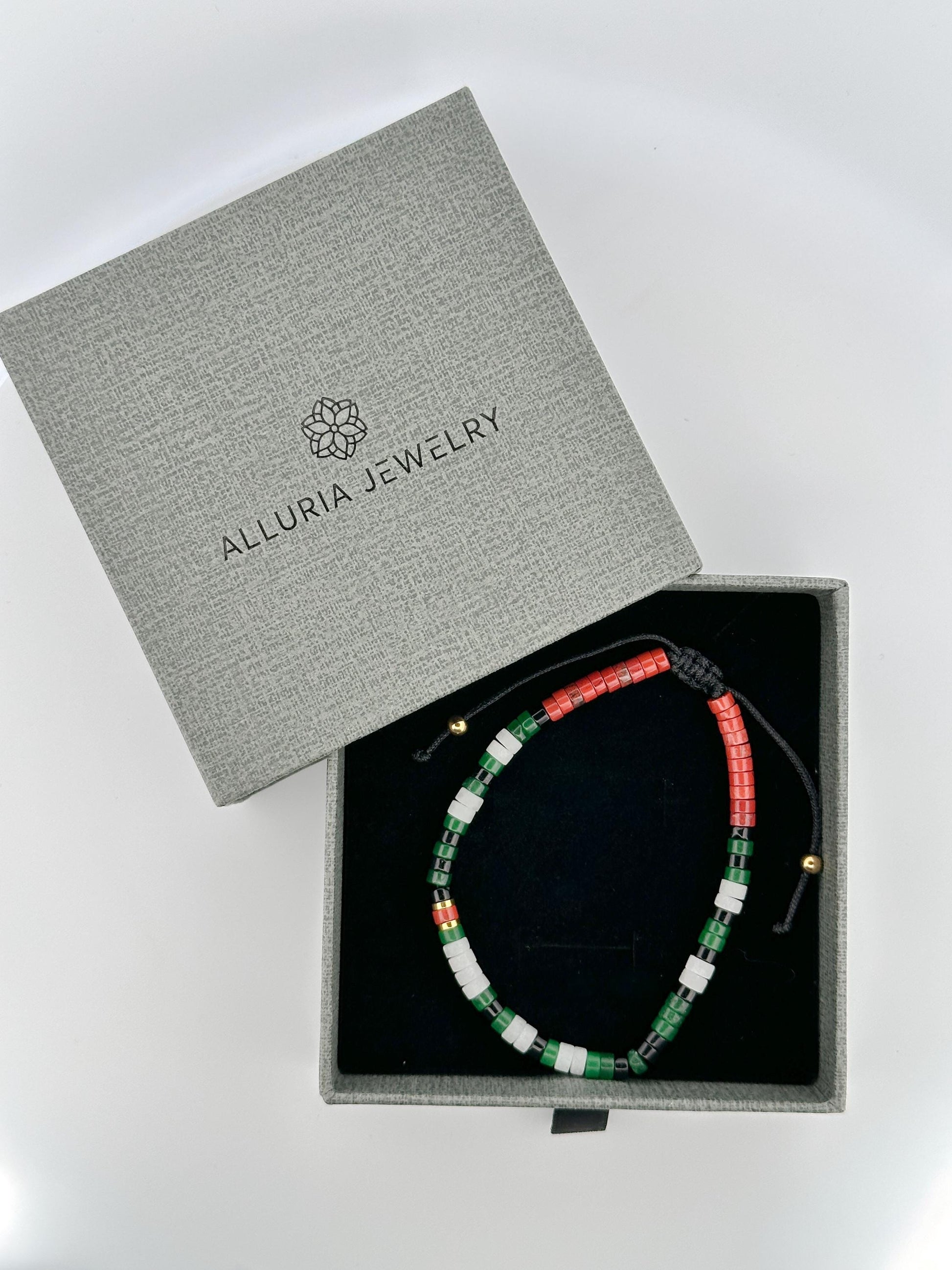 The Morse Jade Bracelet - “Free Palestine” in Palestinian Flag Colors. 100% Proceeds go to Heal Palestine Org.