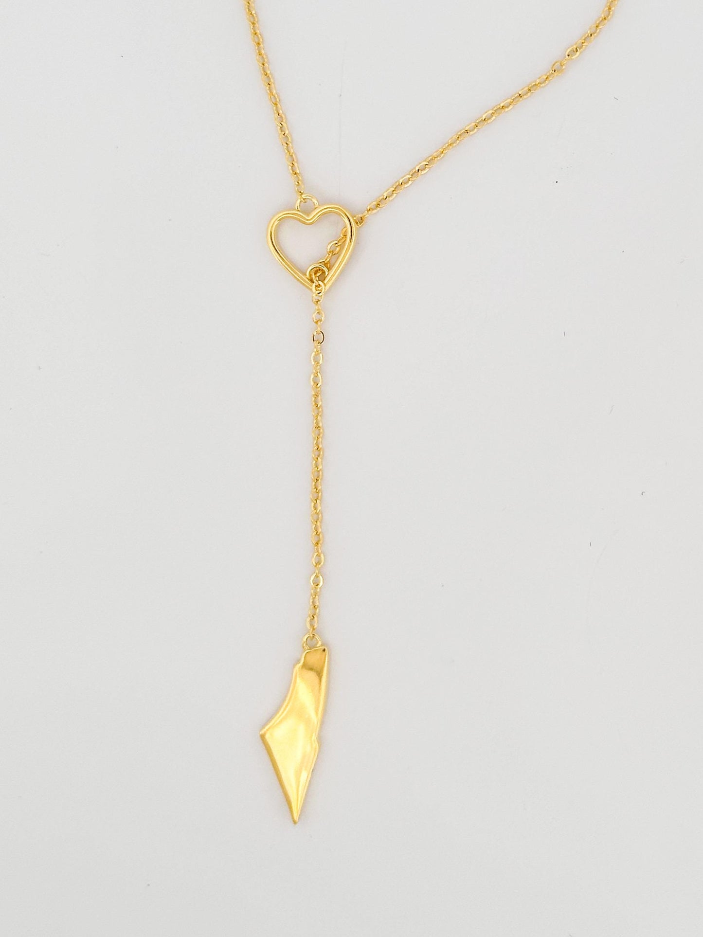 Palestine Map Lariat Necklace | Gold Heart Y Necklace | 14K Gold Plated | Solid Map Pendant | Adjustable 60cm Chain | Palestinian Jewelry |