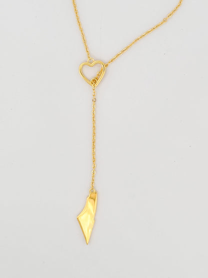 Palestine Map Lariat Necklace | Gold Heart Y Necklace | 14K Gold Plated | Solid Map Pendant | Adjustable 60cm Chain | Palestinian Jewelry |