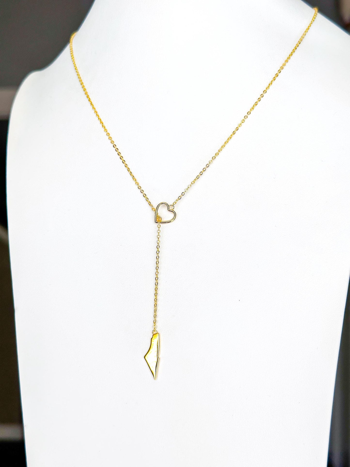 Palestine Map Lariat Necklace | Gold Heart Y Necklace | 14K Gold Plated | Solid Map Pendant | Adjustable 60cm Chain | Palestinian Jewelry |