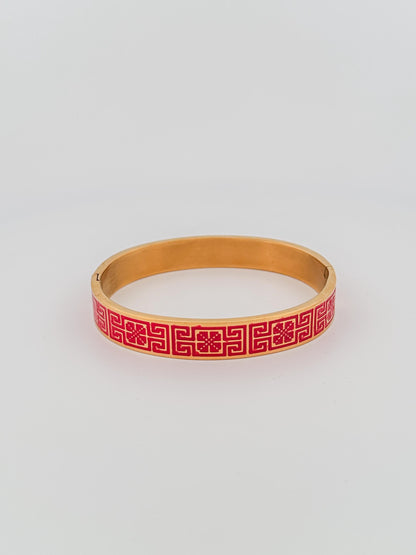 Tatreez Bangle Bracelet | Palestinian Embroidery Cuff | Red Enamel 18K Gold Plated | Road to Cairo Cross Stitch Pattern |