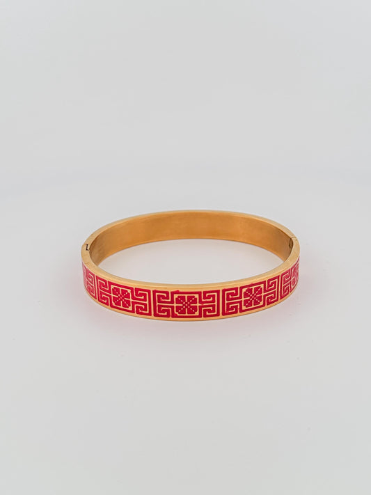 Tatreez Bangle Bracelet | Palestinian Embroidery Cuff | Red Enamel 18K Gold Plated | Road to Cairo Cross Stitch Pattern |