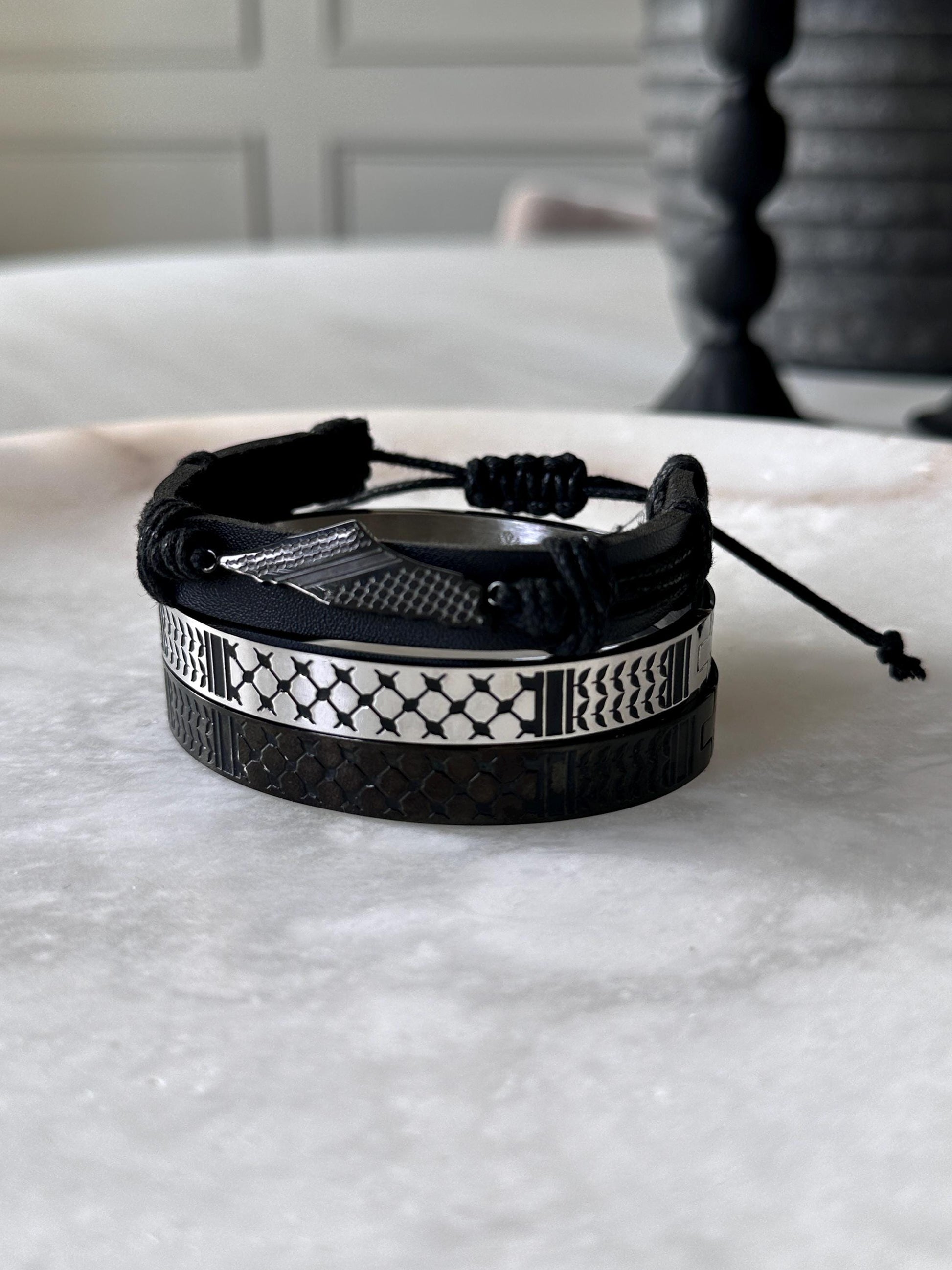 Palestine Map Keffiyeh Leather Bracelet – Unisex Adjustable Rope Cuff