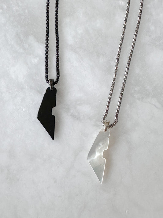 Palestine Map Necklace | Black Onyx & White Shell Stone Pendant | Stainless Steel Box Chain | Palestinian Jewelry | Unisex Gemstone Necklace